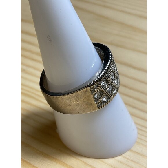 Wide Silver Rhinestone Band Ring Textured Design - Picture 2 of 4